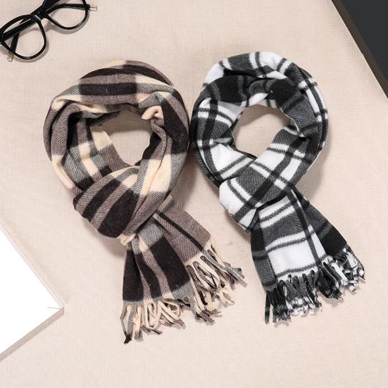 Double-Sided Velvet Scarf With Tassel Decoration Plaid Print Autumn Winter Warm Cashmere-Like