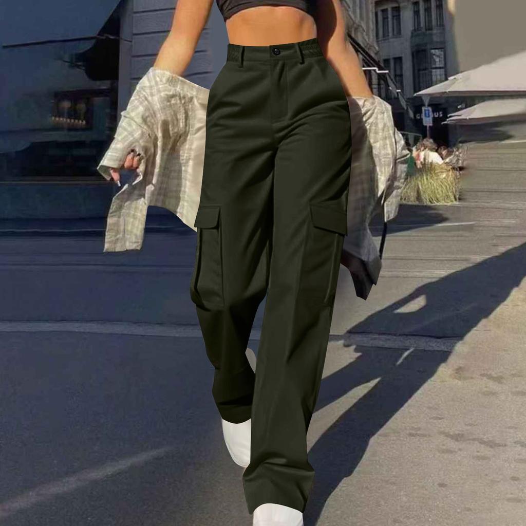 Womens Trendy Casual Streetwear Baggy Cargo Pants With Pockets Wide Leg Trousers Loose Overalls Long Pants