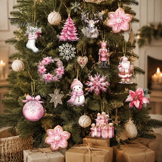 Christmas Tree Baubles 12/24/36Pcs Pink Wooden Ornaments Set, Snowman Santa Hanging Aesthetic Decors, Xtmas Hanigings with Ropes for Home Decor