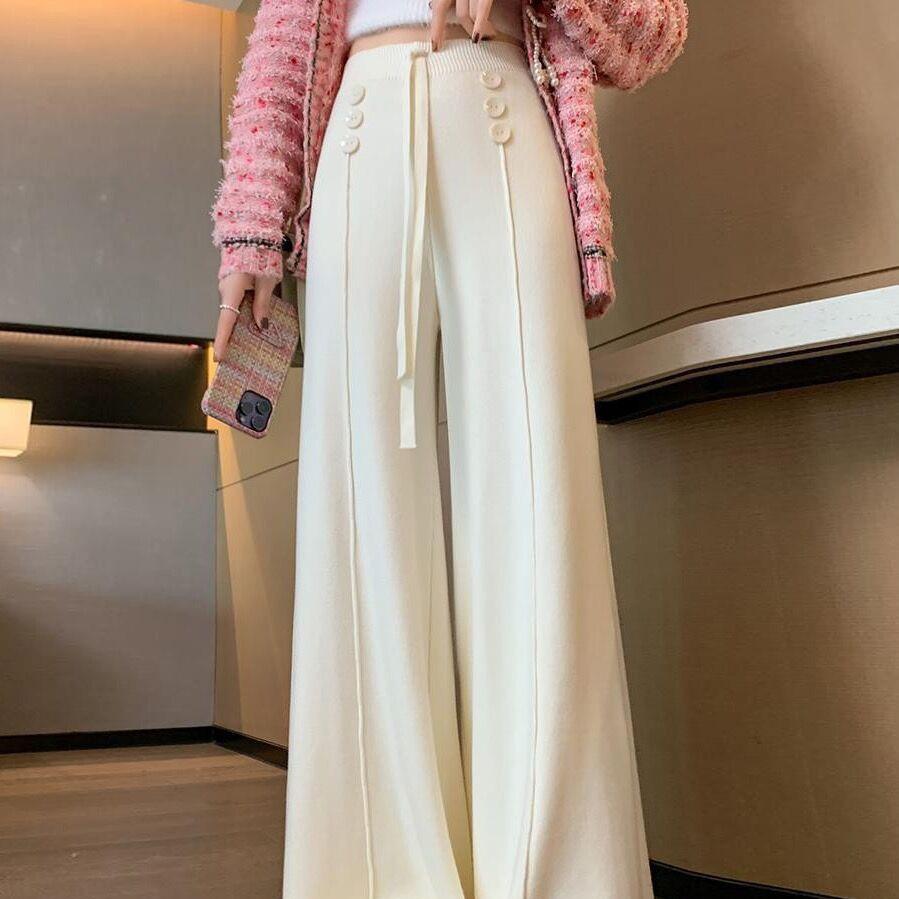 2025 Women's High-Waisted Slimming Wide-Leg Knitted Pants - Autumn/Winter Style, Loose Fit, Straight-Leg Design