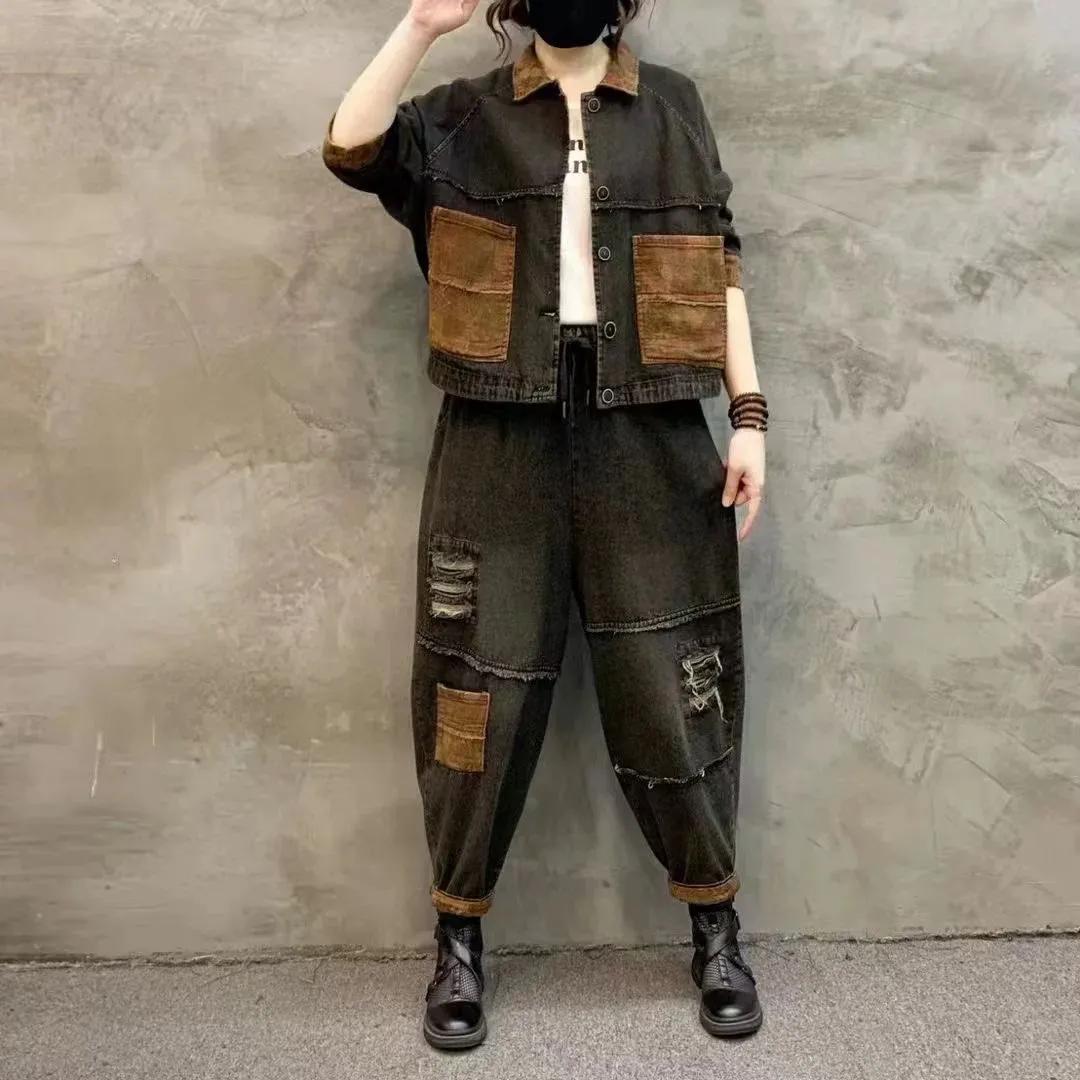 

Весна и осень ретро модный джинсовый костюм женский свободный пиджак с лацканами шаровары комплект из двух частей для мамы S чёрный