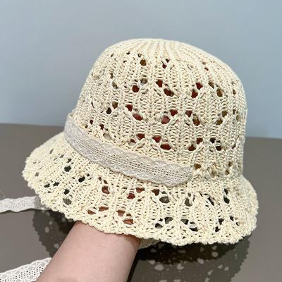 New Lace Strap Basin Hat Women's Hollow Breathable Bucket Hat Summer Beach Seaside Vacation Sun Hat