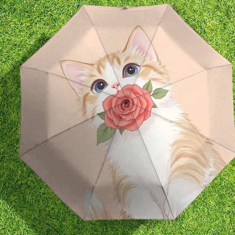Adorable Cat with Rose Print Umbrella: Automatic Opening/Closing, Outdoor Protection, Lightweight and Durable Travel Accessory 087