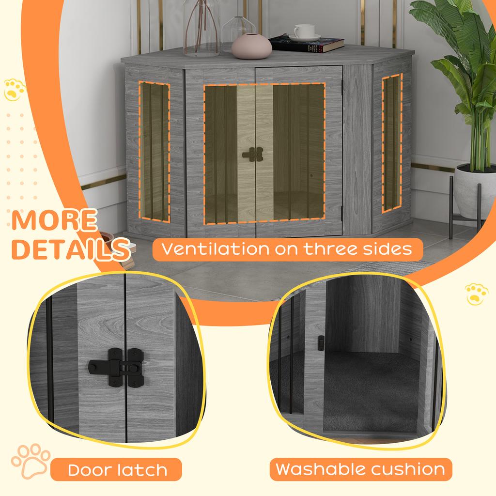 Dog Crate Furniture Side Table, with Cushion, 104 x 55 x 63cm - Grey