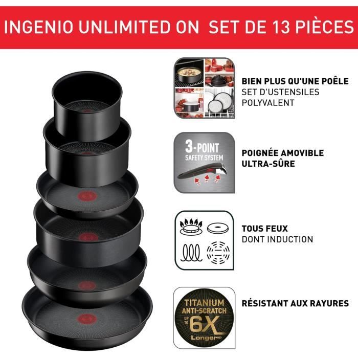Batterie de cuisine - tefal - ingenio - 13 pièces - poignées amovibles - induction - antiadhésif