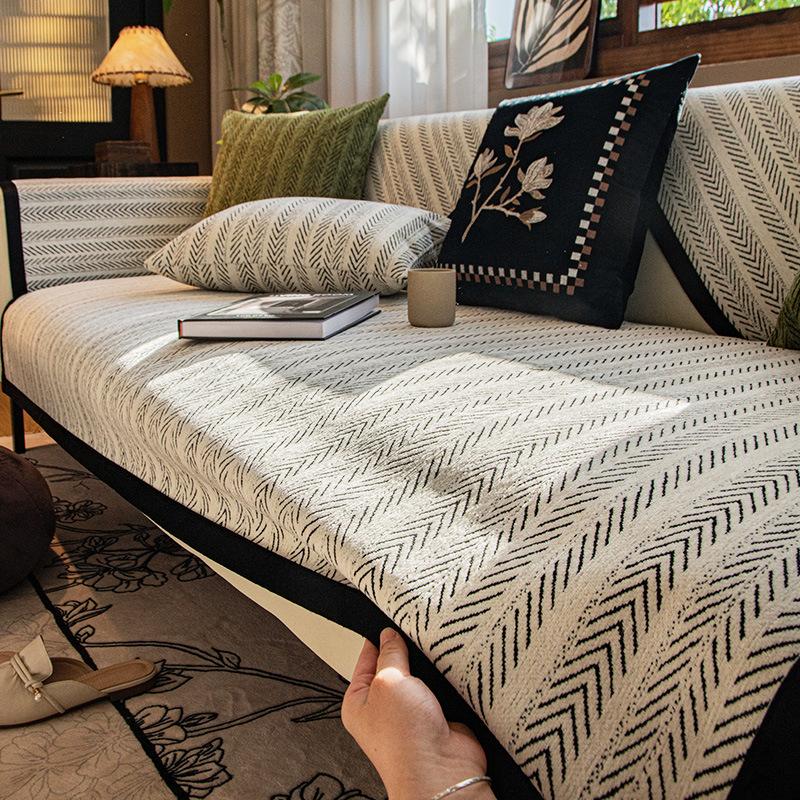 Sofa Cushion Universal In All Seasons, Non-Slip Fish Bone Pattern French Medieval Style Simple Straight Row Seat Cushion Cover Cloth, Sofa Cover Towel
