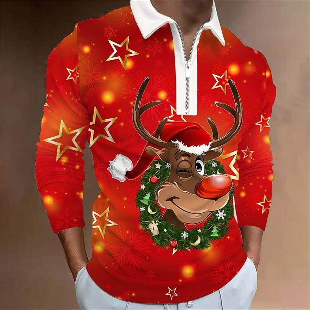 Father Christmas cartoon pattern digital 3D printing polo shirt large size loose men's zip lapel shirt