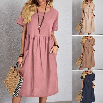 Women's Cotton Linen Summer Dress Round Neck Short Sleeve Midi Dress Loose Casual Beach Vacation Flowy Dress with Pockets