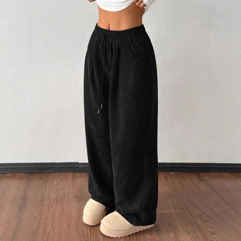 Pantaloni larghi a coste da donna stile retrò, vita alta, elastico, vestibilità morbida, casual, con tasche laterali