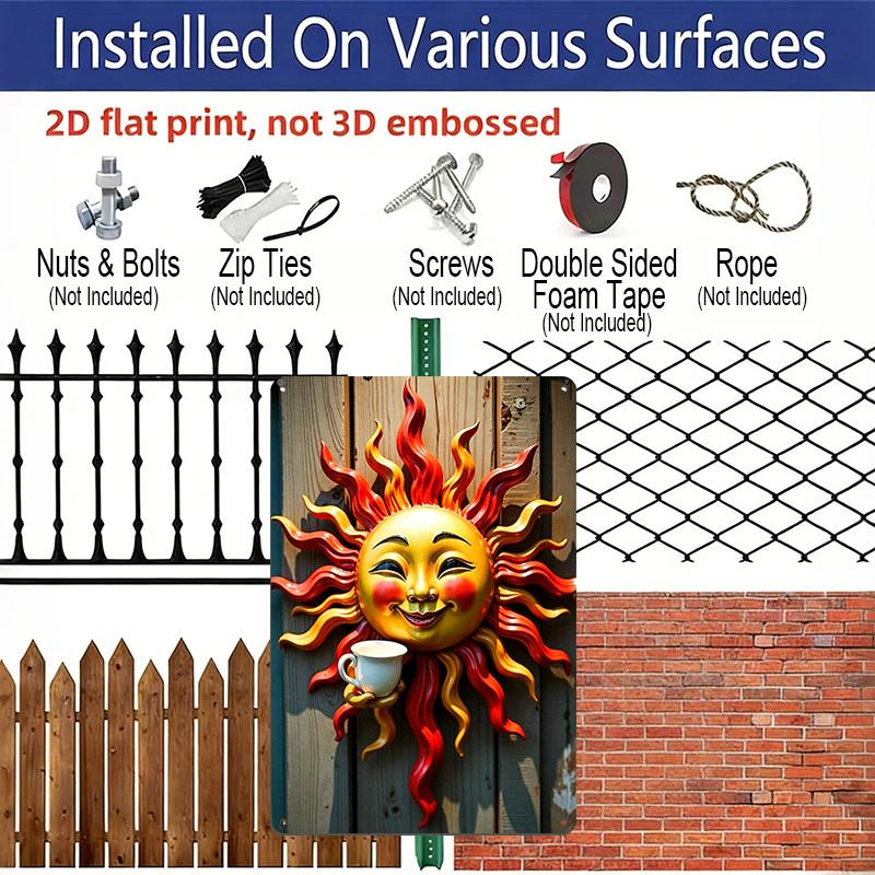 2D Flat, 1pc Vintage Embossed Metal Sign - Vibrant Sun Face with Coffee Cup Metal Wall Art, Rustic Aluminum Outdoor Decor for Garden, Patio, Porch