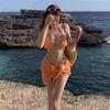 Orange striped neck strap bikini swimsuit women's three-piece set, Korean ins hot spring sexy babes vacation style