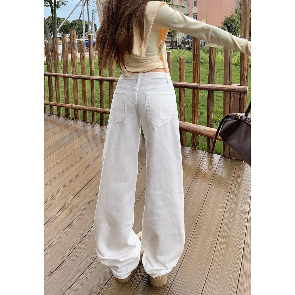 Women's Autumn 2025 White Retro Low-Waist Loose Straight-Leg Floor-Length Jeans