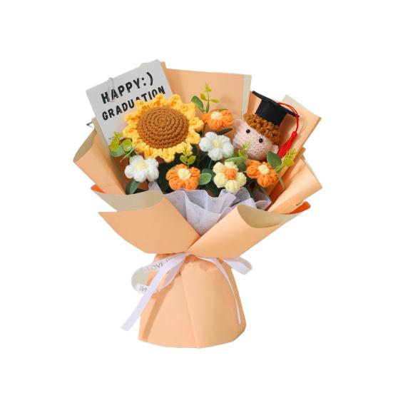 

Handmade Crochet Flower Bouquet Completed Knitted Sunflower Puff Flower Doll Graduation Bouquet Teacher Appreciation Gifts for Grad Party Favors
