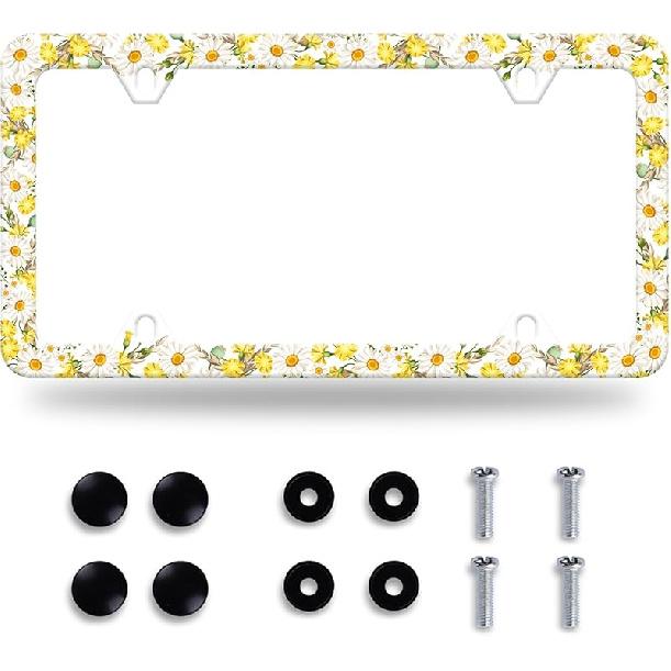 Daisy Flower License Plate Frame Beautiful Floral License Plate Stainless Steel Auto Parts Funny License Plate Decorative With Screws Size 12.3" X
