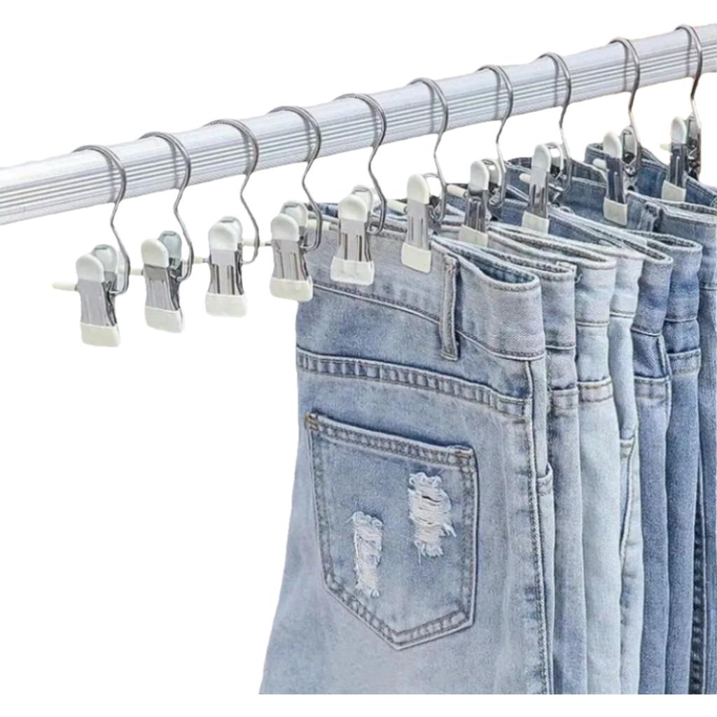 10pcs Stainless Steel Pant Hangers with Hooks - Heavy-Duty Laundry Clips, Space-Saving Multifunctional Storage for Jeans