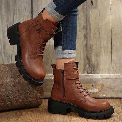 Fashion Retro Thick Bottom Brown Ankle Boots Women 2025 Winter Metal Buckle Decoration Combat Boots Plus Size Woman Shoes with Platform