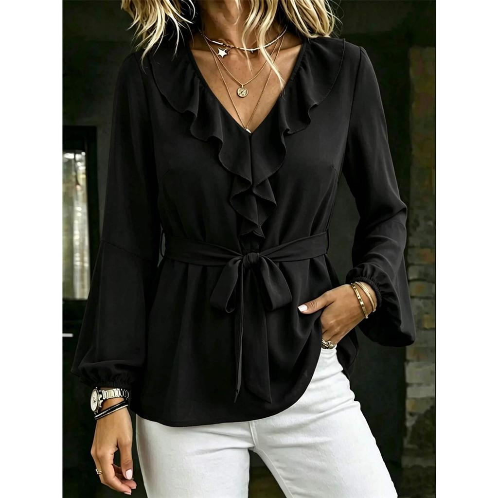 Women's New V-neck Temperament Ruffle Shirt Lace-up Waist Lantern Sleeve Long-sleeved Top