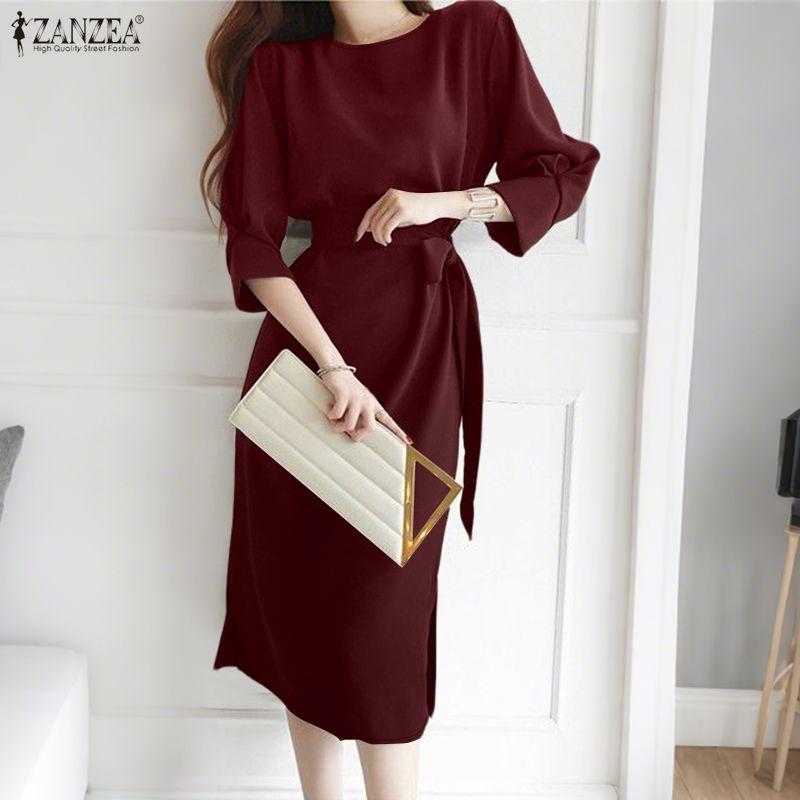 ZANZEA Women Casual Round Neck Loose 3/4 Sleeve Dress