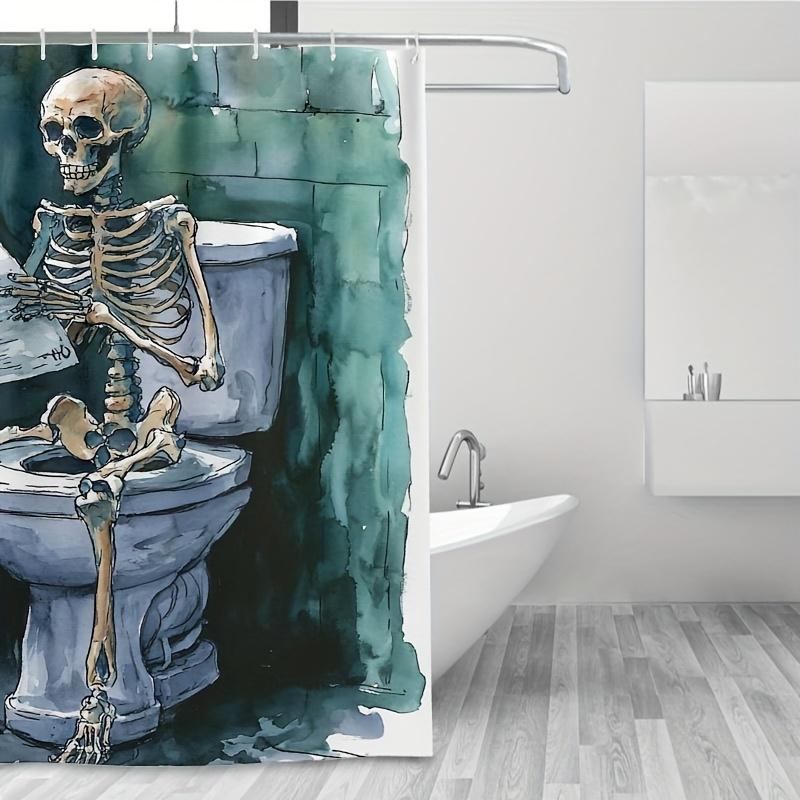 1PC Skeleton on Open Toilet Shower Curtain, Durable Polyester, Easy Clean, for Bathroom & Window Decor