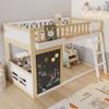 Loft Bed, Children's Bed, With Small Board for Painting, With Storage Box, Safety Rail, Storage Under the Bed, Pine + MDF, White+Natural, 90x200cm