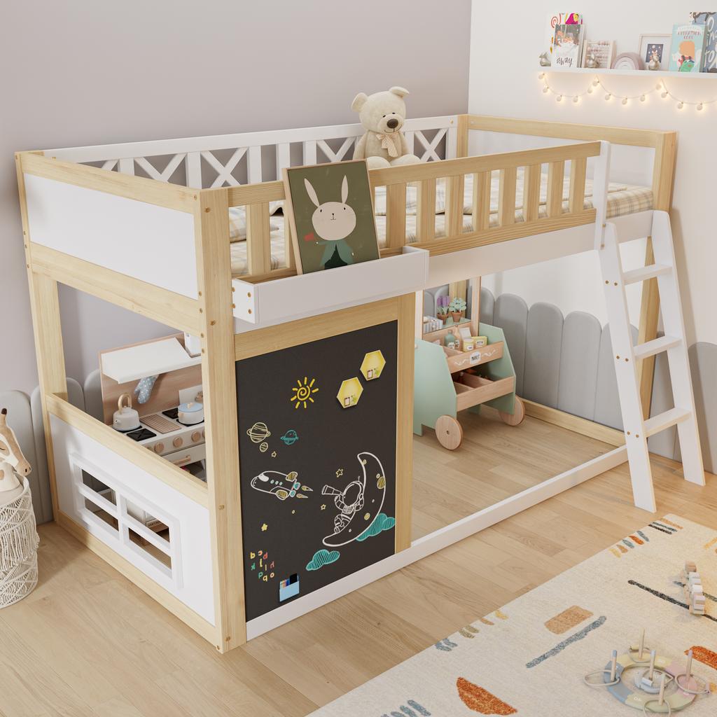 Loft Bed, Children's Bed, With Small Board for Painting, With Storage Box, Safety Rail, Storage Under the Bed, Pine + MDF, White+Natural, 90x200cm