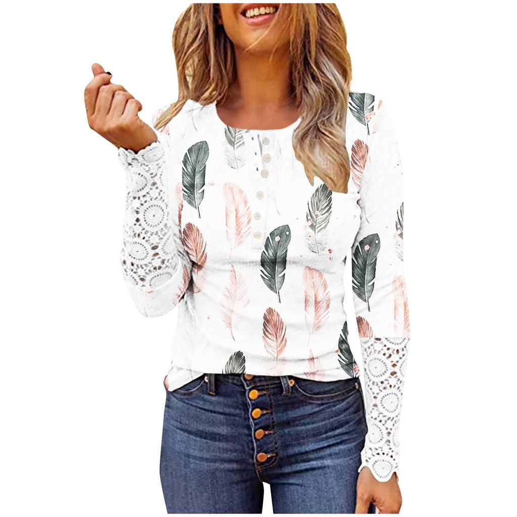 Womens Fashion Lace Long Sleeve Hole Strip Slim Round Neck Button Print Pullover Women's T-Shirt