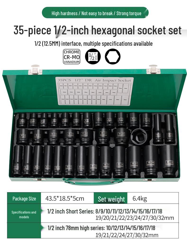 35-Piece 1/2\" Extended Hex Pneumatic Air Wrench Set with Torx Socket Heads (8-32mm) in Iron Box