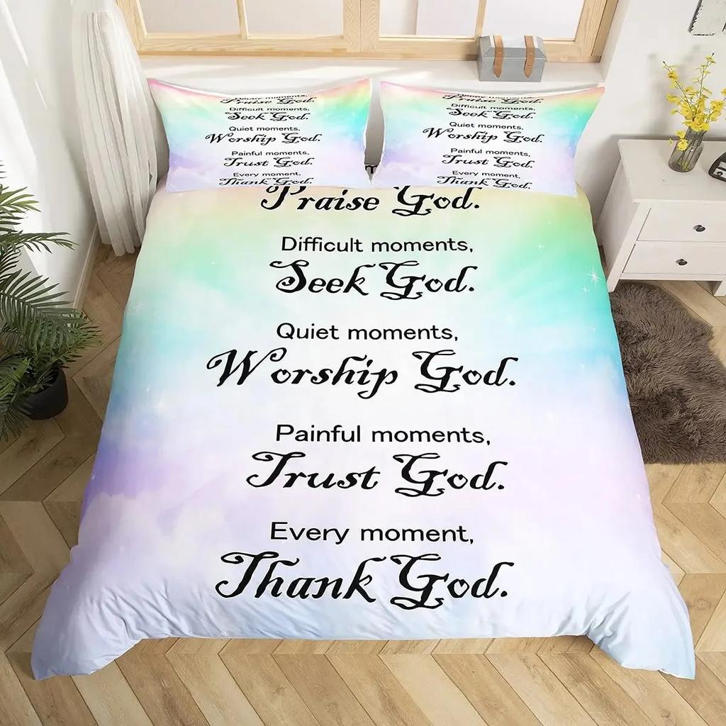 Christian Healing Duvet Cover Set with Inspirational Thoughts and Prayers Women Bedding Sets Colorful Sky Bedspreads Cover Queen
