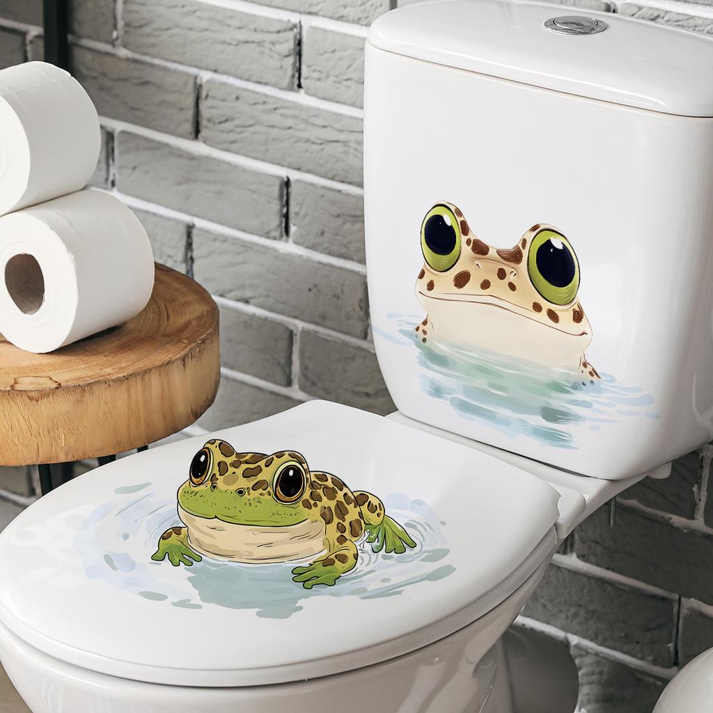 Playful Cartoon Frog Toilet Seat Sticker Waterproof Self-Adhesive Removable Decal for Bathroom WC Decoration