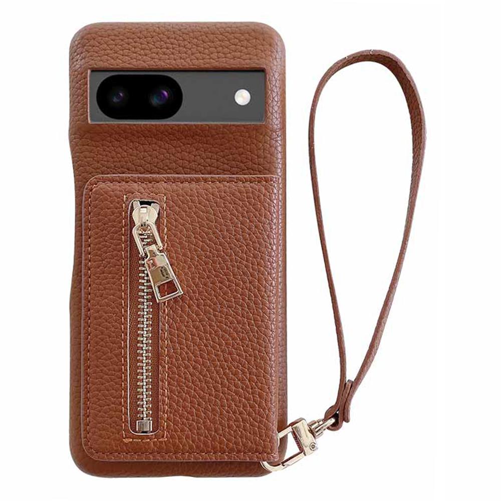 

For Google Pixel 8a Case Card Slots Kickstand PU Leather Back Cover with Zipper Pocket,Wrist Strap Dark Brown