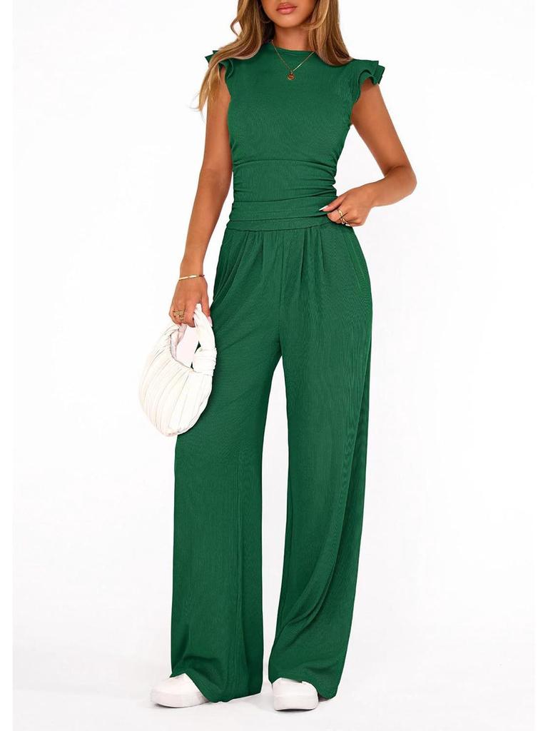 Women's 2026 Summer Solid Color Two-Piece Set with Ruffle Wide-Leg Pants