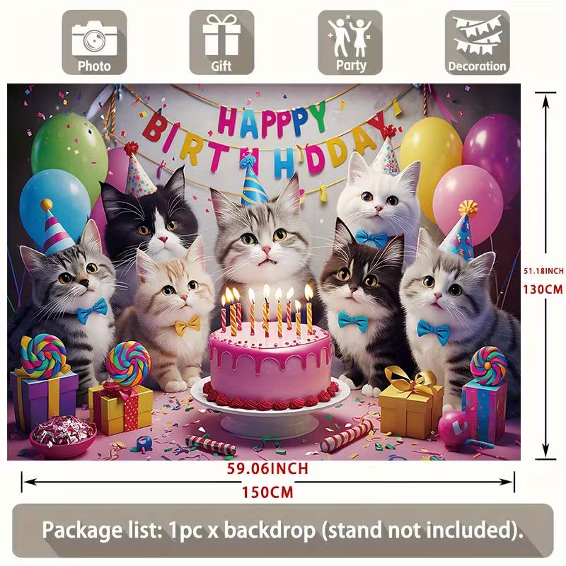 2D "Happy Birthday" Cats Themed Backdrop with Party Hats & Balloons