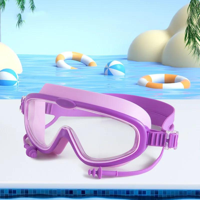 

Очки для плавания с большой оправой и берушами для детей, высококачественные детские противотуманные очки для плавания в бассейне, водонепроницаемые очки HD для плавания