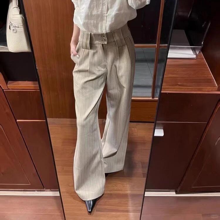 

Unisex Retro Striped Suit Pants: Casual, Loose Drape, Versatile Scissor-Leg Design M хаки