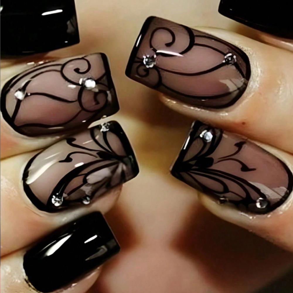 

24Pcs Short Square Press On Nails, Nude with Black French Tips & Lacework Rhinestone Fake Nails for Elegant Girls United States