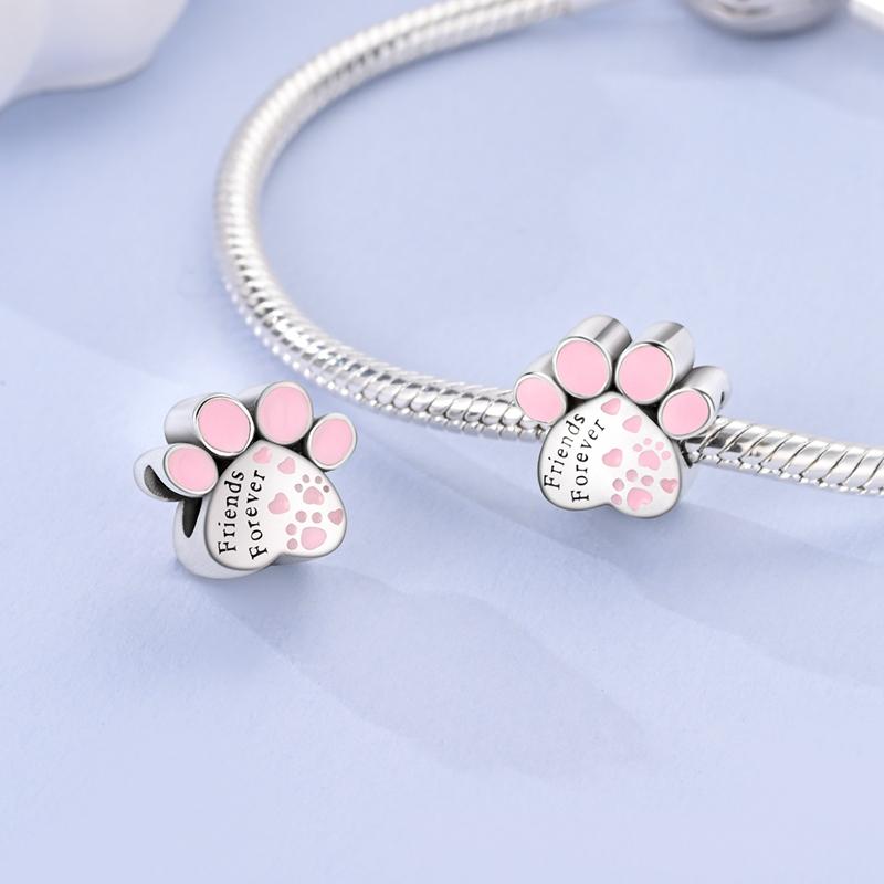 Pendant Charm Bead Copper Cute Pink Dog Paw Beads Fit Original Bracelet For Jewelry Making Valentine'S Day Gift