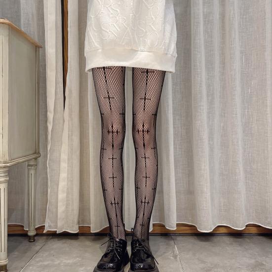 High-Waist Elastic Waistline Thin Hollow Women Stockings Sexy Cross Pattern Fishing Net Stockings Club Wear