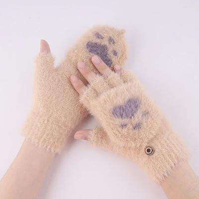 Lovely Soft Plus Knitted Finger Gloves Flip Cover Paw Claw Winter Mittens Thicken Half Finger Gloves for Women Girls