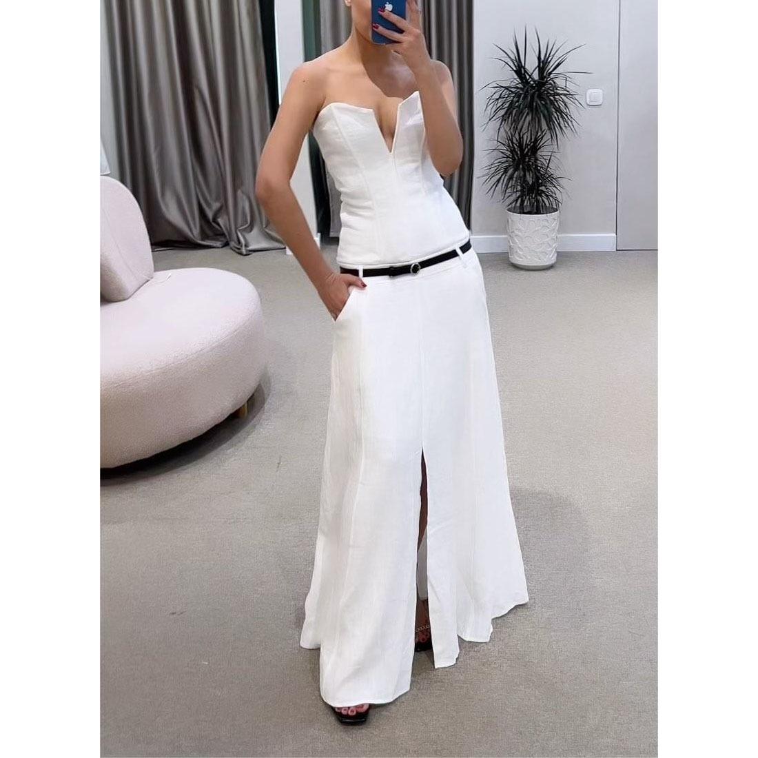 

European & American Off-Shoulder Bandeau Stitch Dress - Sexy Women s Fashion S білий