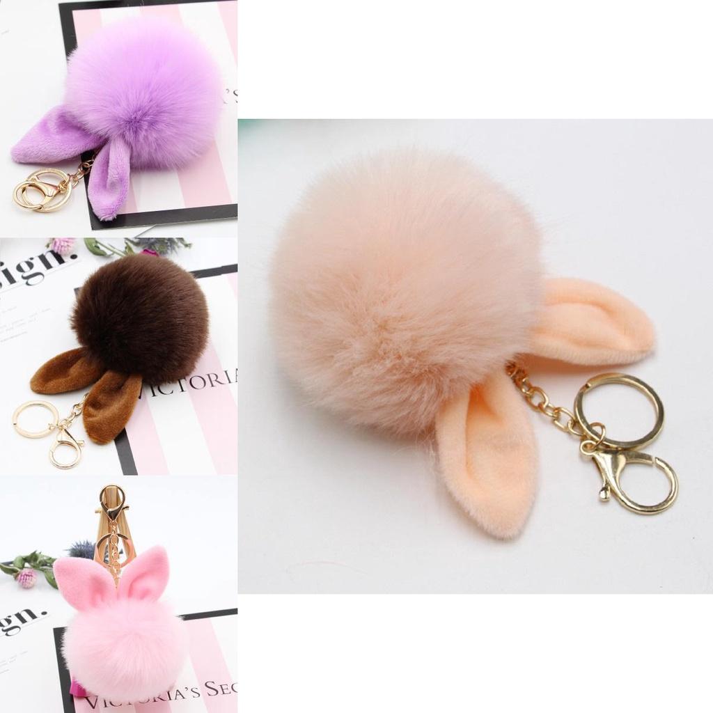 Elegant Pompon Fluffy Women Rabbit Ear Fur Ball Key Chain Rings Bag Keychain Pendant