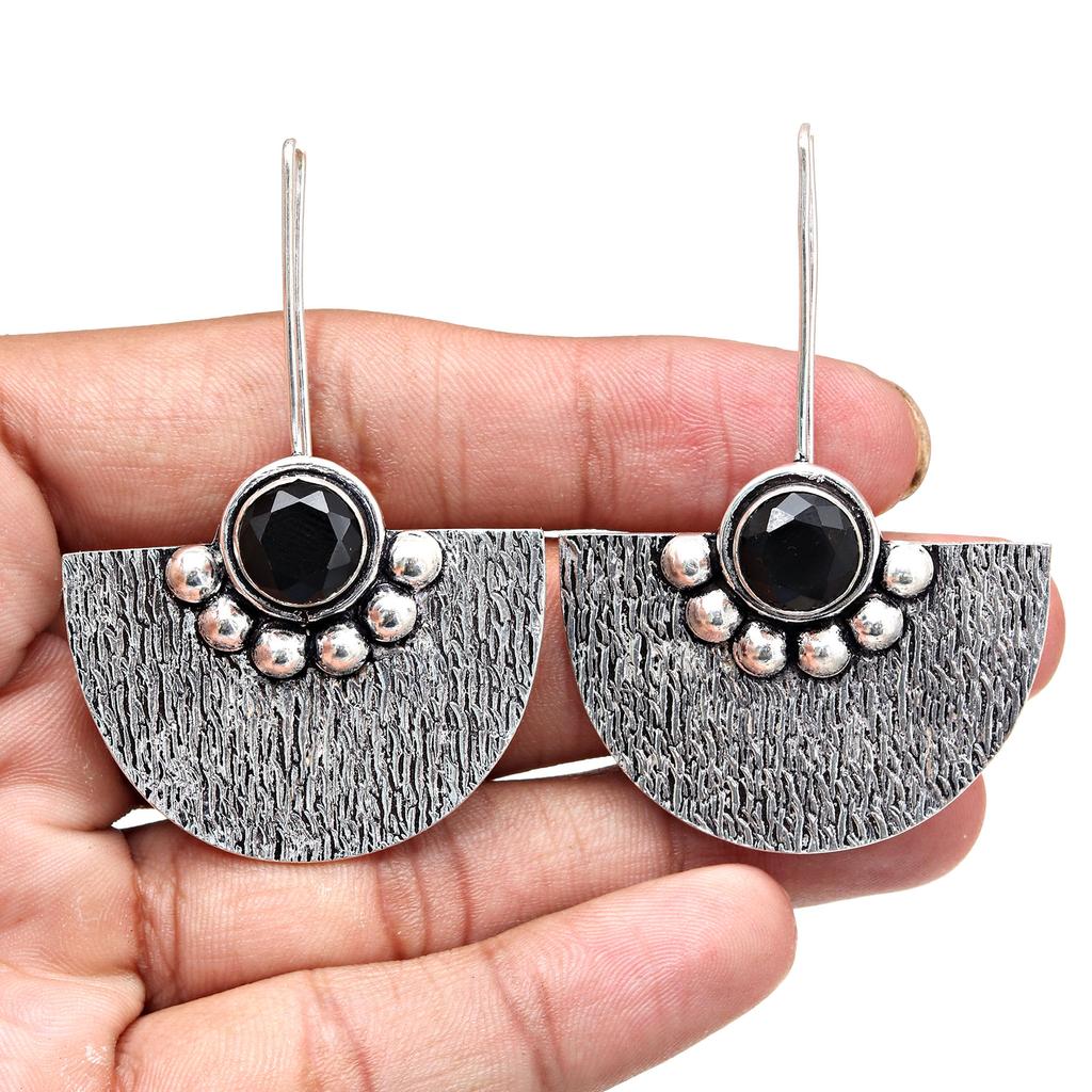 Black Onyx Gemstone Women's Gift For Her Silver Jewelry Earring 1.5''