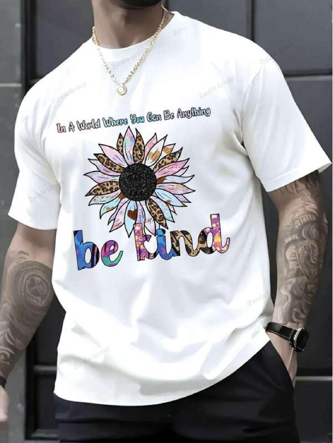 & WoCotton Graphic T-shirt - Be Kind Inspirational Quote & Colorful Sunflower Print M
