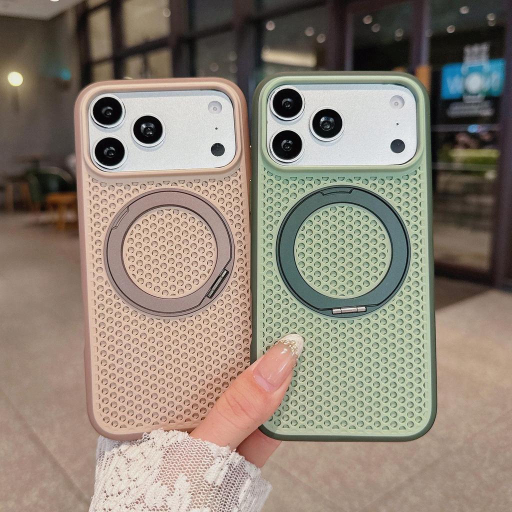 Magnetic Phone Case for iPhone 17 Pro Max with Honeycomb Heat Dissipation, 360° Rotating Stand, and Full Protection.