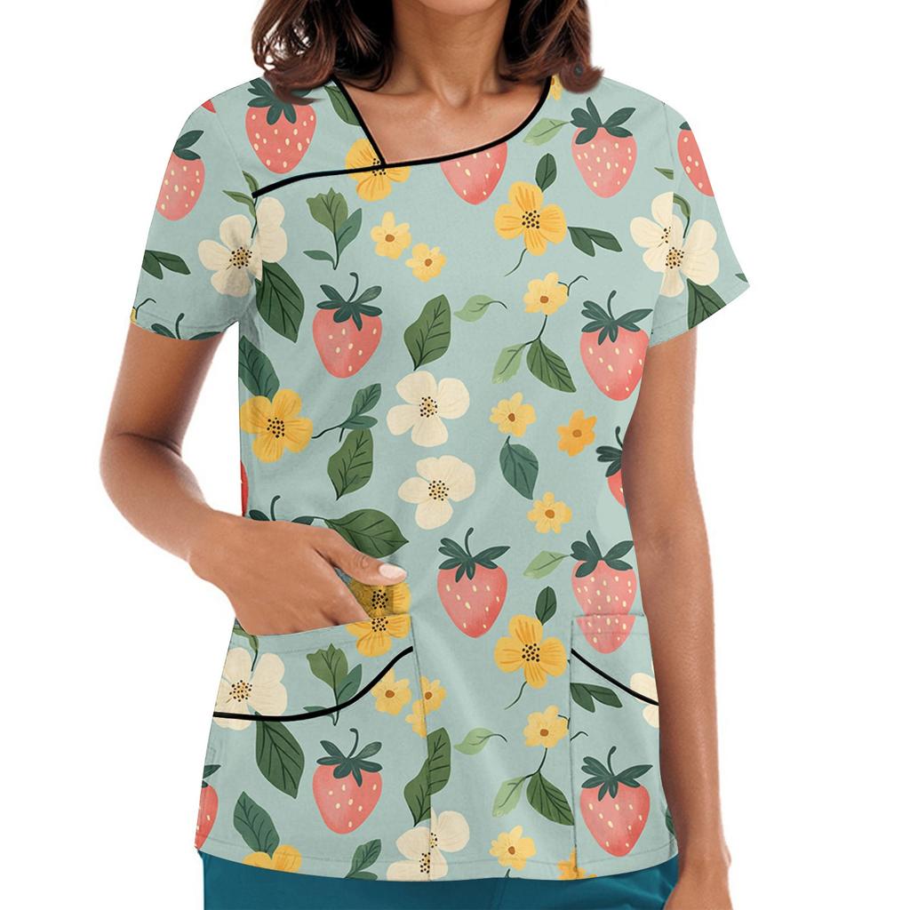 Women's Printed Work Clothes, Sloping Collar And Double Layer Pockets, Basic Top Pullover