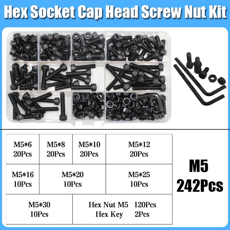 Hexagon Hex Socket Cap Head Screw and Nut M2 M3 M4 M5 M6 Black 12.9 Grade Carbon Steel Allen Machine Screws Bolt Nut Assortment