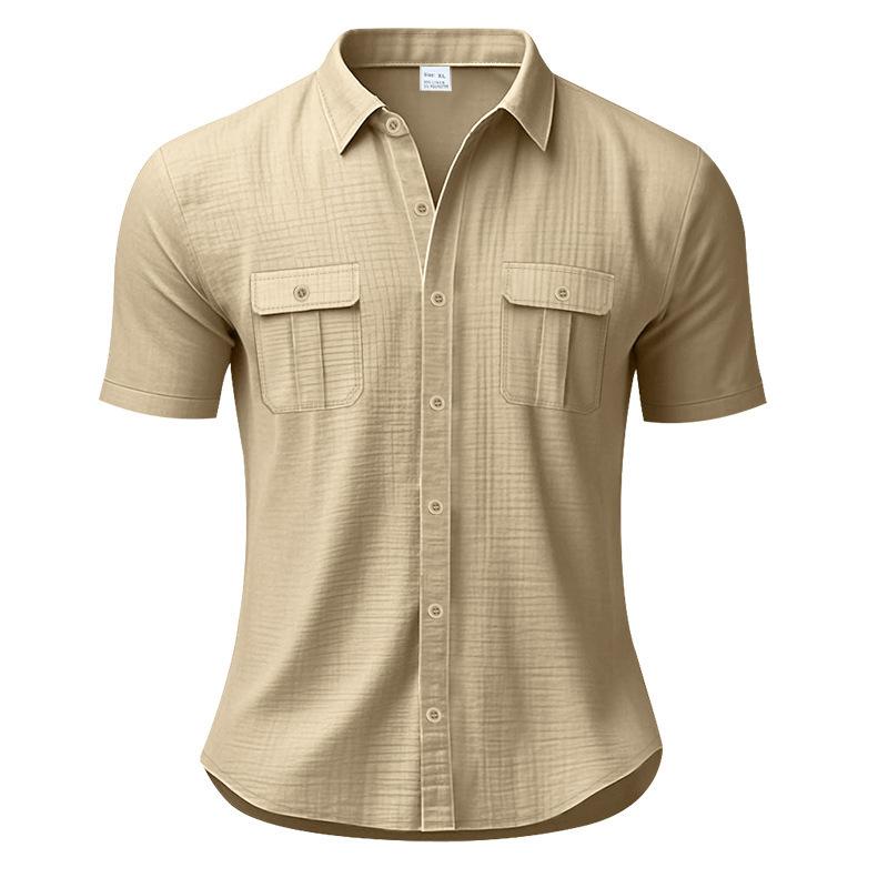Summer men's short-sleeved shirt Solid-colour patch-pocket cardigan Loose-fitting lapel linen shirt