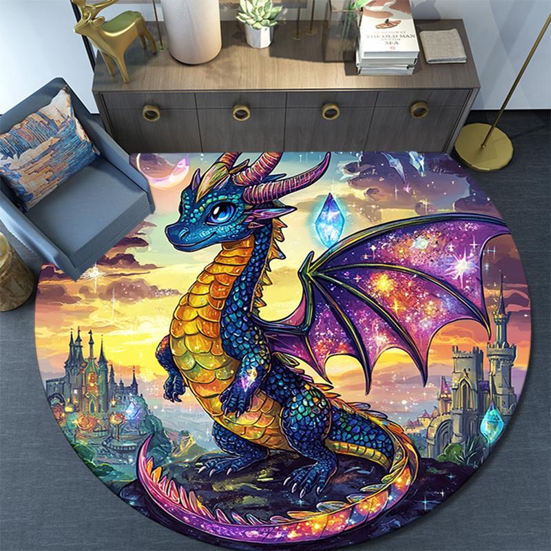 Fantasy Dragon Castle Round Area Rug,Carpet Rug for Living Room Bedroom Sofa Playroom Decor,Non-slip Floor Mat