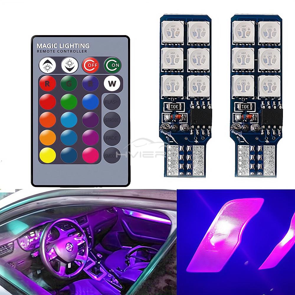 2X Auto Interior Decoration LED T10 W5W Atmosphere Car Light RGB Remote Controller Colorful Reading Door Side Marker Tail Backup