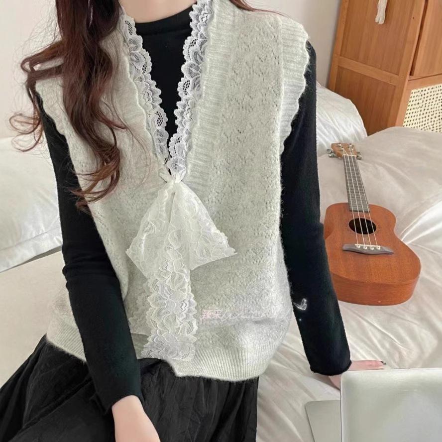 Women's Knitted Vest V-neck Lace Bow Korean Style Spring and Autumn Sweater Vest