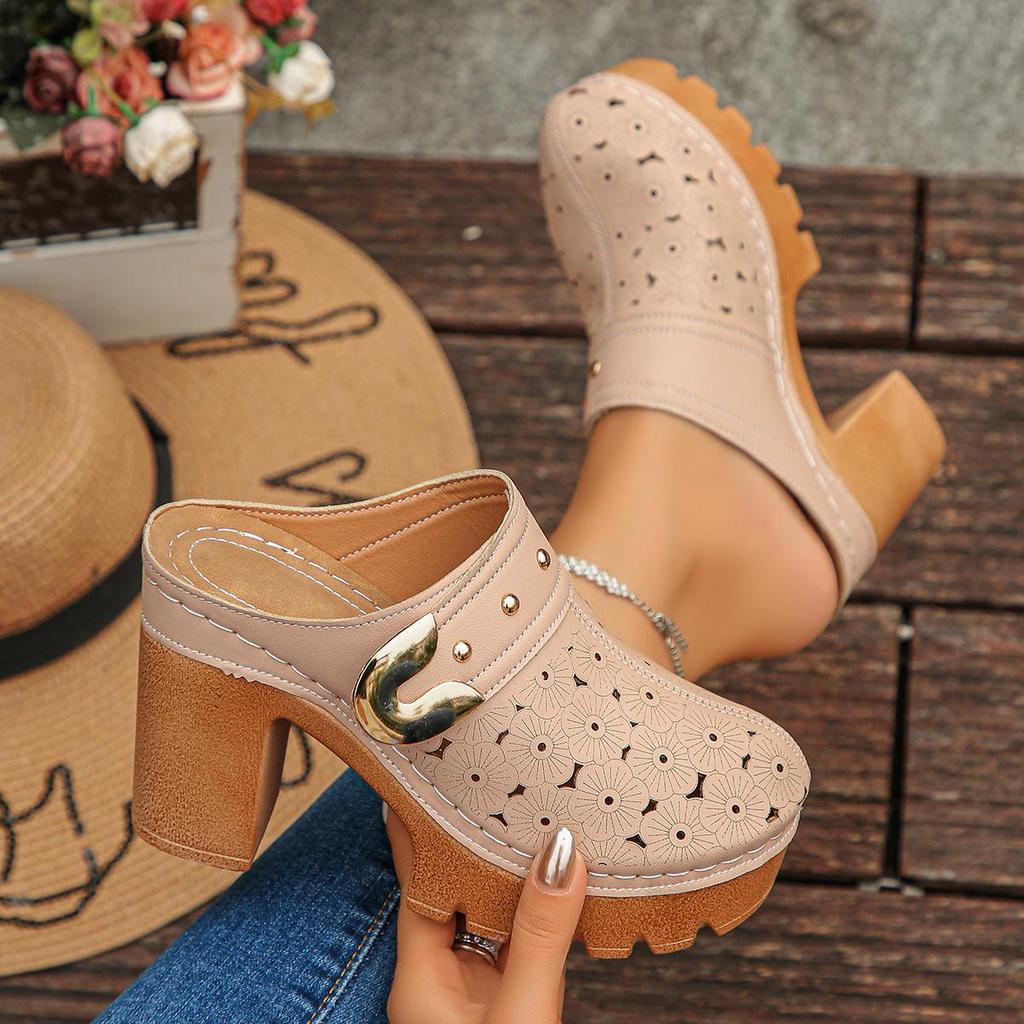 Retro Pastorale Holle Blokhak Mules met Metalen Gesp